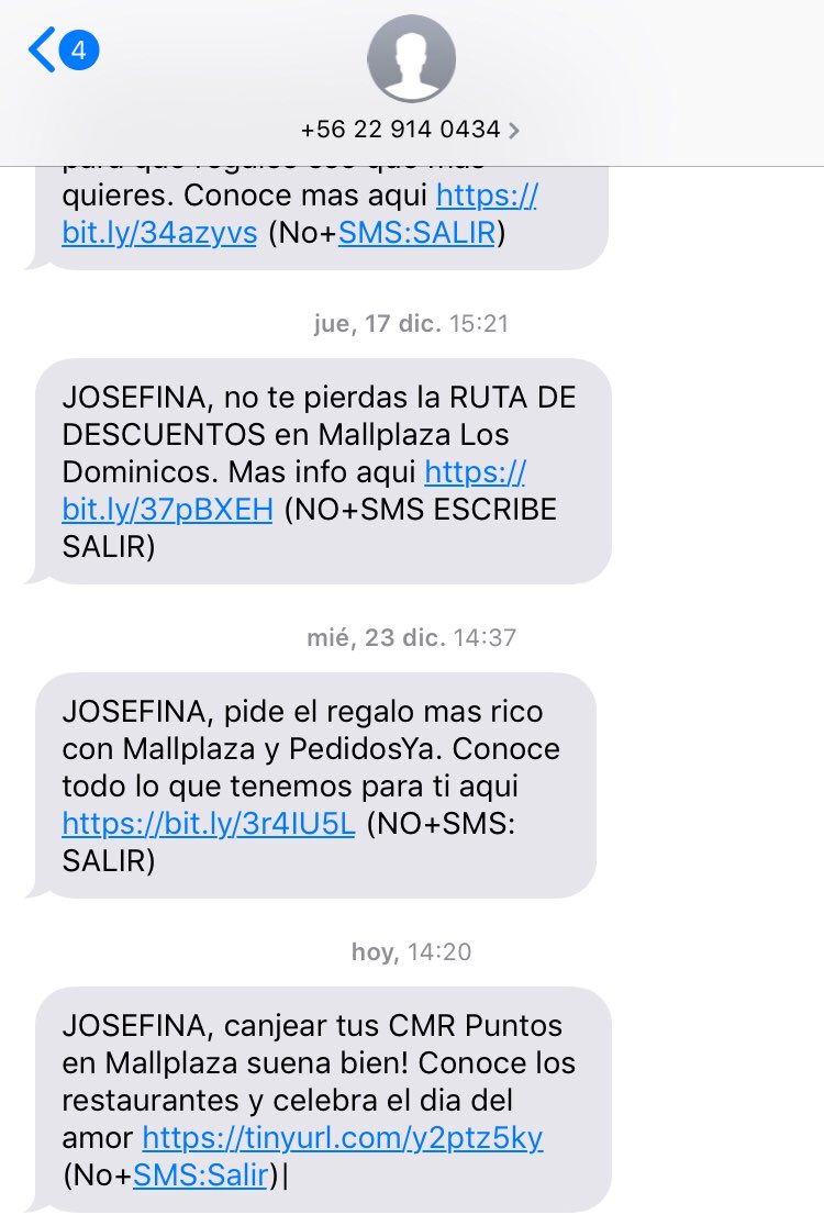 Tam_mtlr's tweet photo. @MallplazaCL porfavor revisen inbox, me llegan mensajes de mall plaza con el nombre de josefina, claramente hay un error, espero solución https://t.co/3rkuZPHgL9