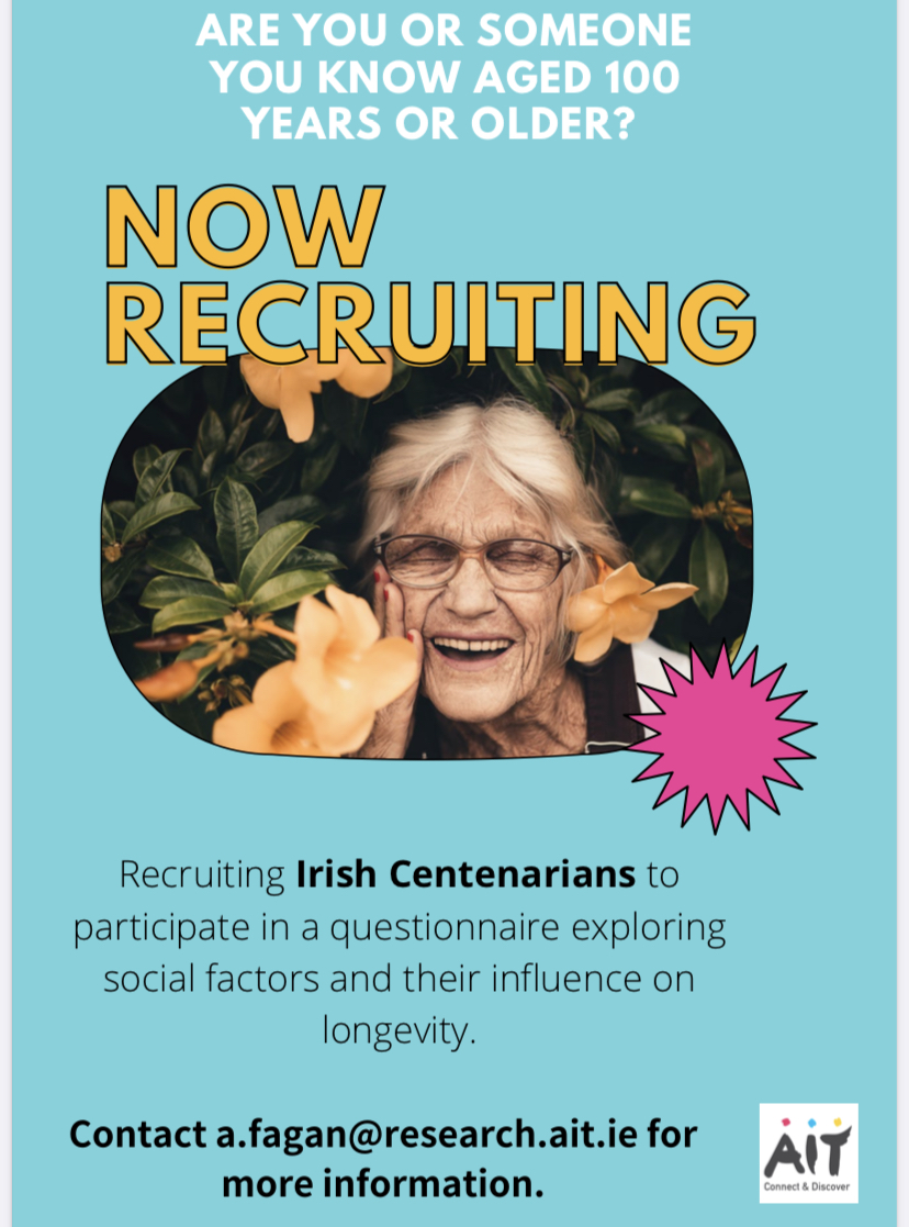 alisonfagan_ie's tweet photo. 📌 Calling all Irish centenarians! 

☘️ Have you any family or friends in Ireland that are aged 100 years or older?

🔎 Looking for participants to take part in a questionnaire to explore the social factors that may have influenced their longevity.

⬇️ More information ⬇️ https://t.co/4MIS55qQxb