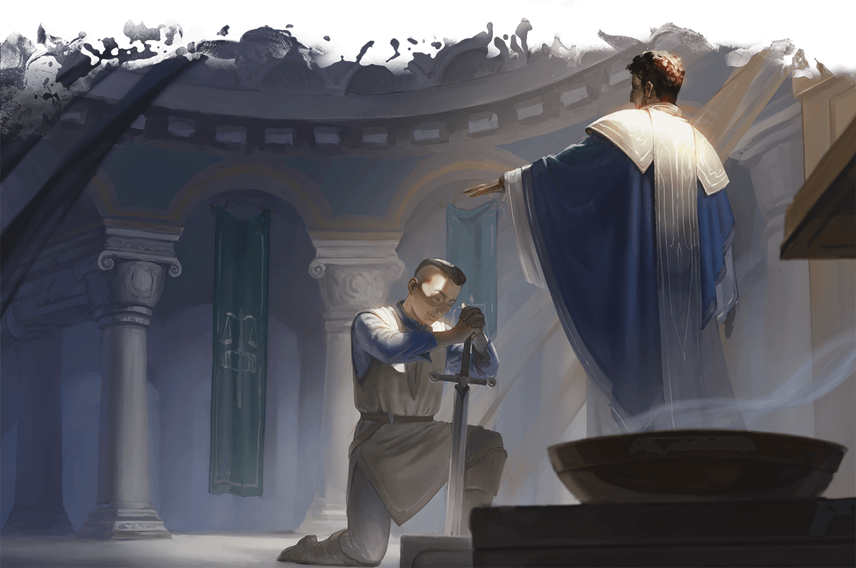 A paladin kneels, holding their sword with its point to the ground while they take their oath before an authoritative figure.