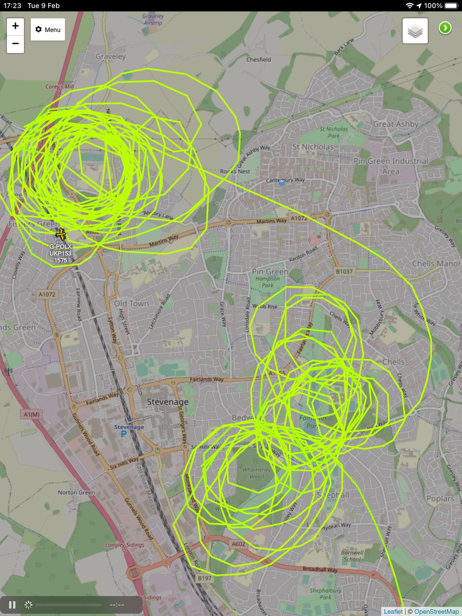 Something going off over Stevenage, Hertfordshire. Police plane up and circling. <a href="/freedar_uk/">Freedar.uk</a>