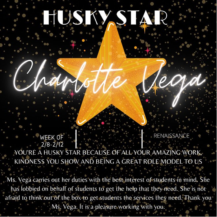 RenaissanceCehs's tweet photo. Congratulations to this week’s Husky Star: Ms. Vega!!🖤‼️🐾
@Cen10Huskies @cen10_asb 
..........
Husky Star is Centennial and Renaissance’s way of acknowledging the greatness in individual staff members on campus who are NOT teachers. We admire their hard work and dedication! https://t.co/FKadsuyUDR