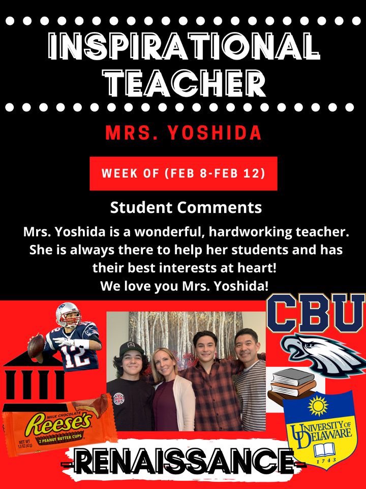 RenaissanceCehs's tweet photo. Congratulations to this week’s Inspirational Teacher: Mrs. Yoshida!!🖤‼️🐾
@Cen10Huskies @cen10_asb https://t.co/SX7NhrHQ3b