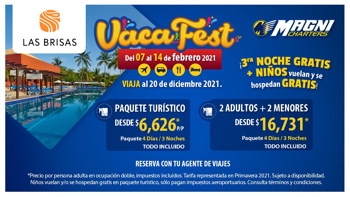 Magnicharters's tweet photo. ¡Viaja en plan todo incluido a Huatulco con las promociones y tarifas especiales de #VacaFest!
Tienes pocos días, reserva ahora https://t.co/w21i0sVeSh https://t.co/LIf5qAA4ma