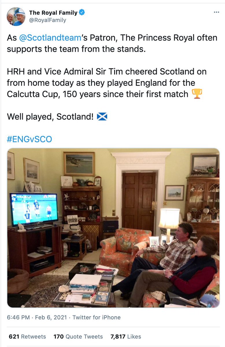 The Royal Family's official twitter account shared an image of The Princess Royal cheering on Scotland from her Gloucestershire home