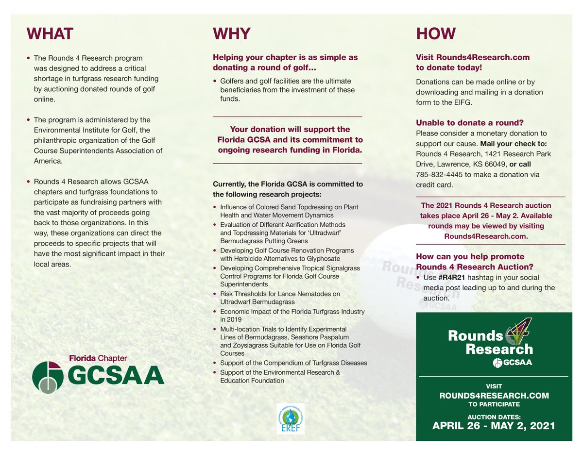 The 2021 Rounds 4 Research auction is set for Apr 26 - May 2. Please consider donating a round to help turfgrass research in Florida! If you are unable to donate a round, monetary donations are also accepted! rounds4research.org #R4R21 <a href="/GCSAA/">GCSAA</a> <a href="/FGCSA/">Florida GCSA</a> <a href="/PBGCSA/">Palm Beach GCSA</a> <a href="/Rounds4Research/">Rounds 4 Research</a>