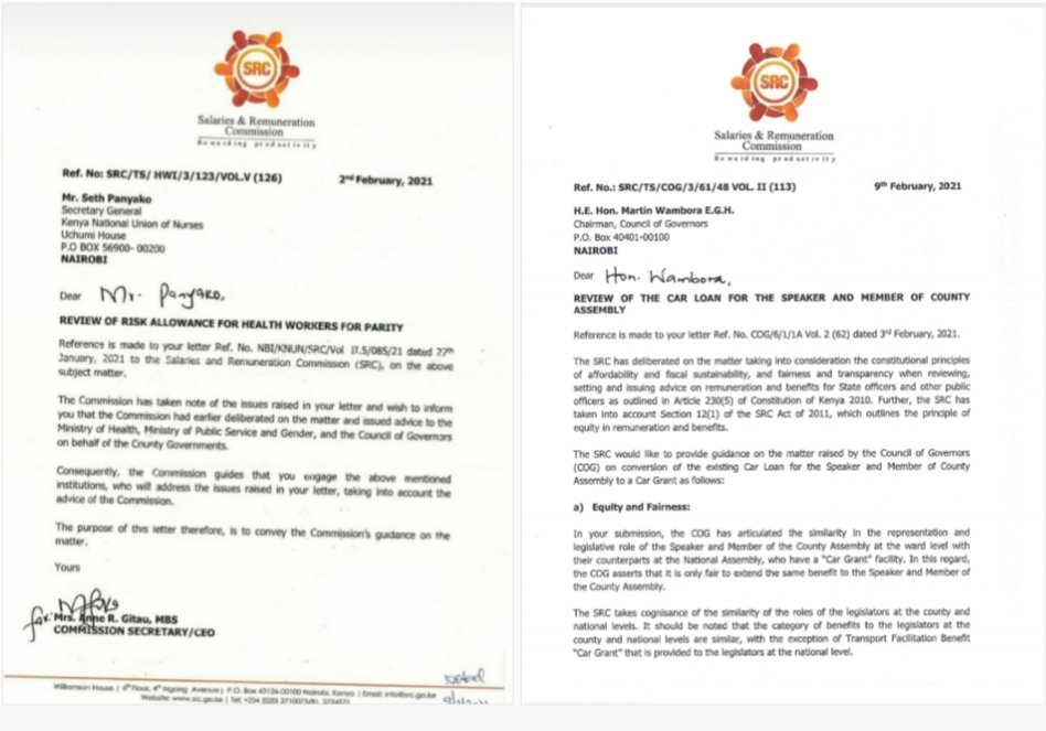 thuva_ngala's tweet photo. The two letters are from @srckenya.   For MCAs budget is there but for harmonization of health risk allowance there's no budget. #BBINonsense @MosesB97 @myeuko @Rn_Raboso @kUCOofficial @BonnyKegusu https://t.co/Y74jC5NRQl