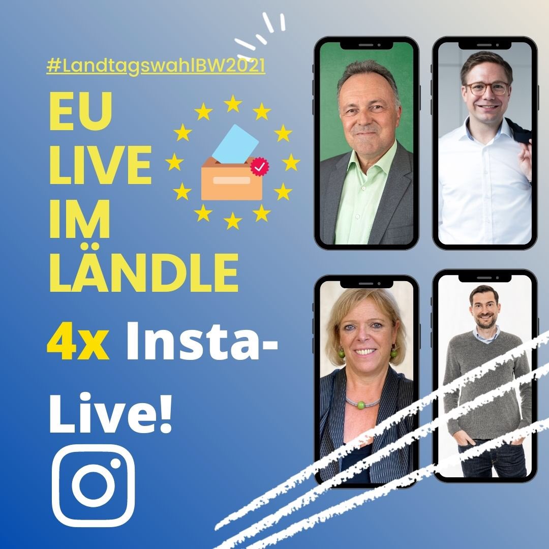 Unsere Kampagne zur #LandtagswahlBW2021 geht weiter: Bei #EULiveImLändle unterhalten wir uns ab nächster Woche mit Politiker*innen aller proeuropäischen Fraktionen über #instagramlive ! Schaltet ein! Mit <a href="/SabineWoelfle/">Sabine Wölfle</a> @FabianGramling <a href="/DanielKarrais/">Daniel Karrais</a> @JoshaFrey