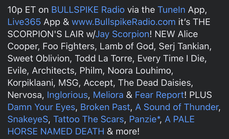 <a href="/BULLSPIKEradio/">BULLSPIKE Radio™ 🤘</a> <a href="/accepttheband/">Accept</a> <a href="/WeAreInglorious/">Inglorious</a> <a href="/asotband/">A Sound of Thunder</a> <a href="/APHND/">APaleHorseNamedDeath</a> <a href="/realmeliora/">Meliora</a> <a href="/SnakeyesMetal/">SnakeyeS</a> <a href="/DamnYourEyes3/">Damn Your Eyes</a> <a href="/brokenpastnj/">Broken Past</a> <a href="/TattooTheScars/">Tattoo The Scars</a> <a href="/Panzierocknroll/">PANZIE</a>