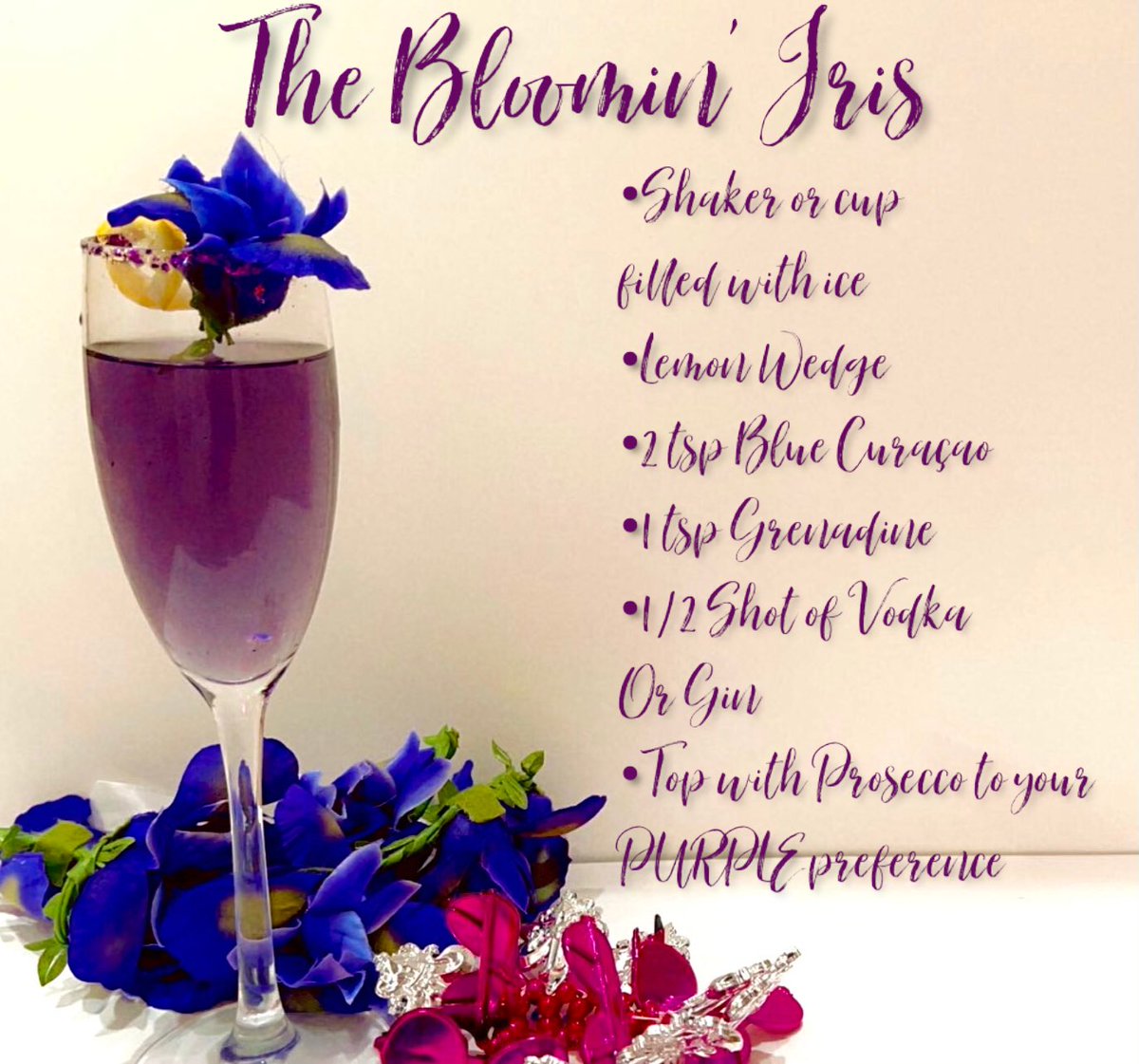 Since our ride won’t take place in 2021, our krewe found a way 2 have some distanced fun! Make this cocktail @ home w/ur nearest&amp;dearest, ‘The Blooming Iris’ is sure 2 raise everyone’s spirits! Until we ride again in 2022, here’s hoping this drink brings some #kreweofiris 💜 to U