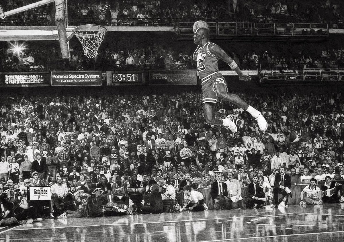 Leo un libro malla acero MAJ on Twitter: "El 6 de febrero de 1988 Michael Jordan ganaba el concurso  de mates del All Star. Lo recuerda este dibujo hecho a mano por  @KeeganHall, en el que ha
