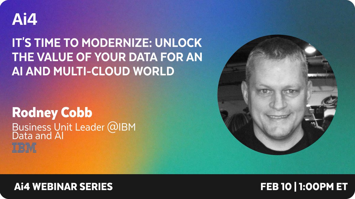 Ai4Conferences's tweet photo. Don't miss the Ai4 FREE webinar tomorrow at 1pm EST presented by IBM! Accelerate your journey to AI with an extensible multi-cloud infrastructure unifying key capabilities around collecting, analyzing &amp; infusing AI in enterprise. Register before it's full: https://t.co/uAZCKAA3TC https://t.co/udrRXWTdmq