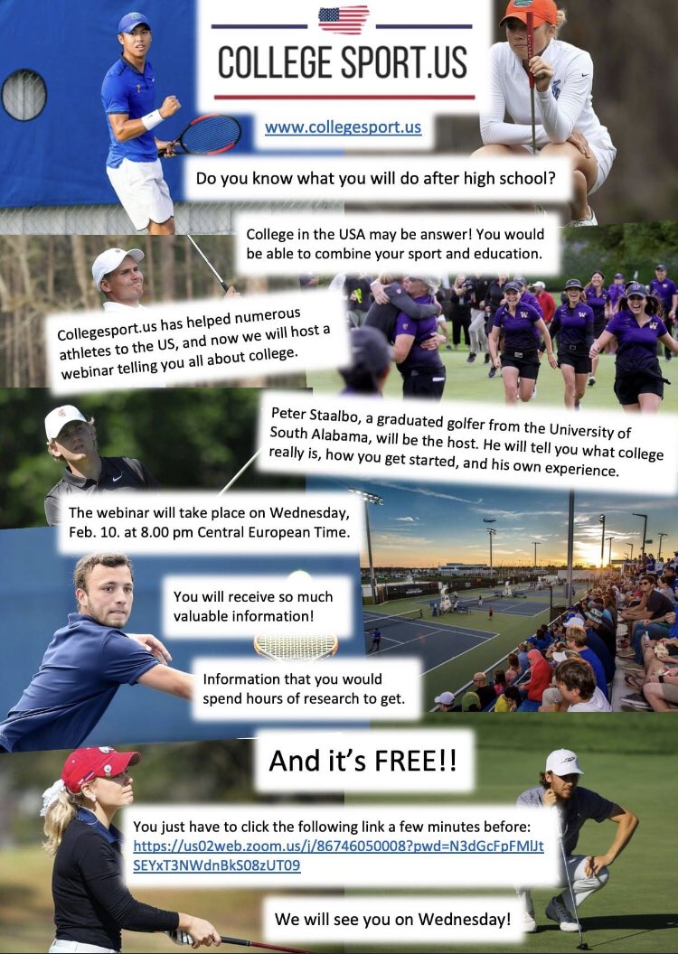 Any athletes looking to join college in the USA? Join our webinar on Wednesday to hear more about your options. Link:
us02web.zoom.us/j/86746050008?…            #collegesport #golf #tennis #football #soccer #college #university #studentathlete