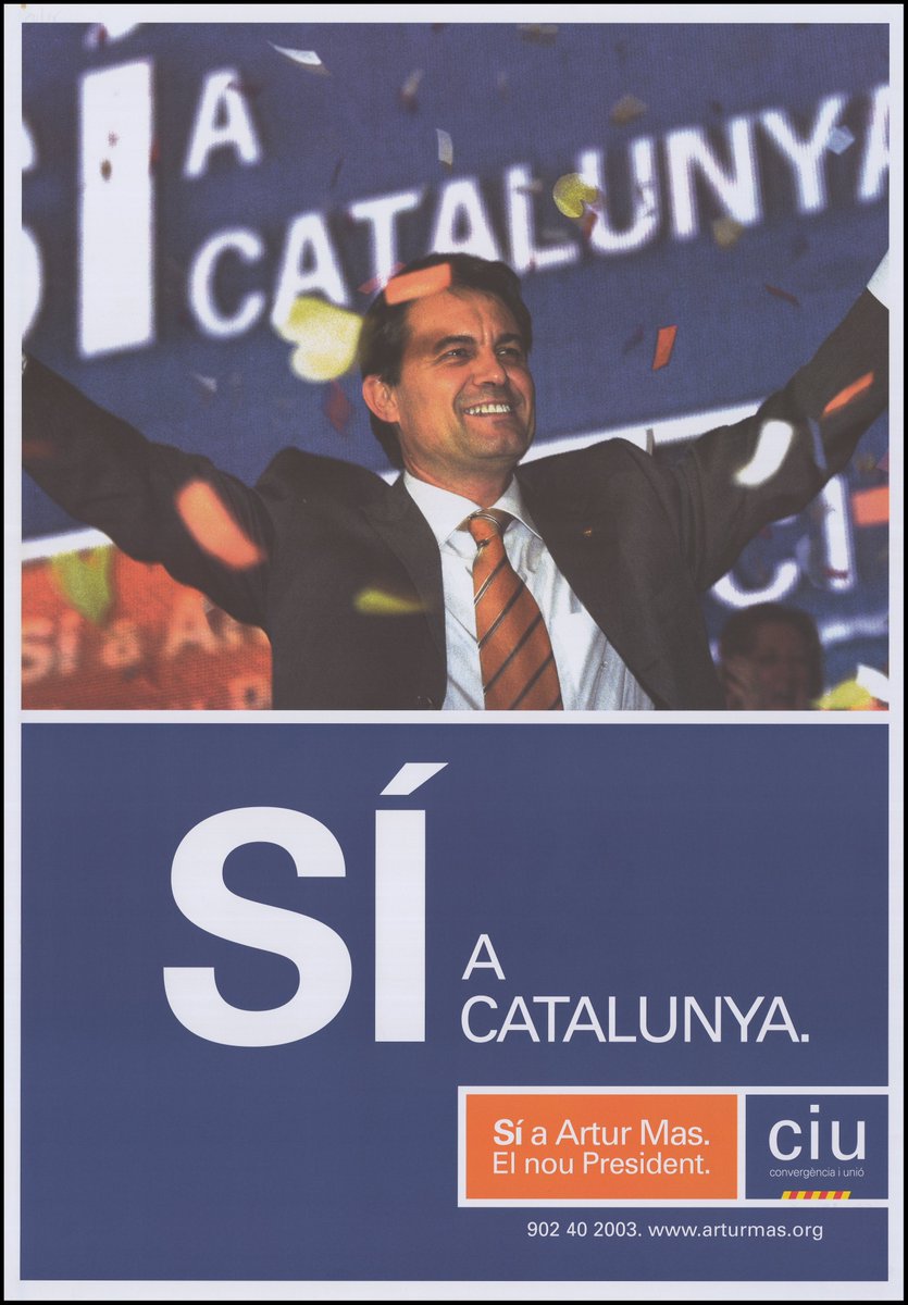 2003: CiU: el relleu a Pujol l'encarna Mas amb el lema "Sí a Catalunya". Reafirmació de la catalanitat de CiU en contraposició a la majoria alternativa que podia sorgir. Es comença a introduir el taronja (liberal) junt amb el blau(conservador) a la línia estètica de la formació.