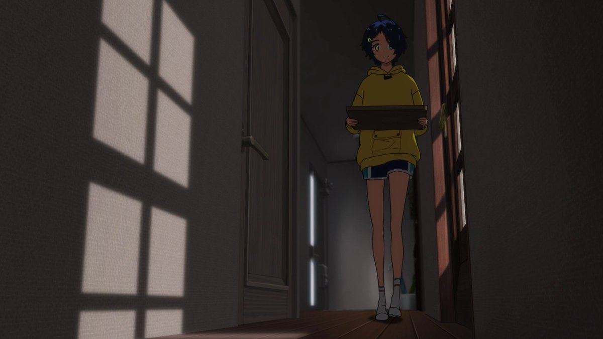 The initial low angle shot gives Ai power since she's feeling more confident because of her new friend group. However, it seems like every single time this teacher appears in the present, there's always imagery that suffocates her, like the window frame boxing her.