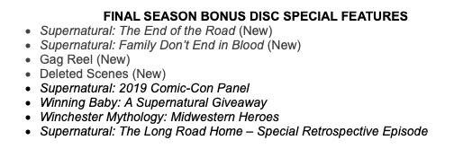 TheEricGoldman's tweet photo. #Supernatural: The Complete Series Blu-ray and DVD box sets announced for May 25, the same day Season 15 will be released on its own. The series set includes a 68-page booklet. Here’s the imagery for the box set and the new extras for Season 15. https://t.co/JEKRu1l7fG