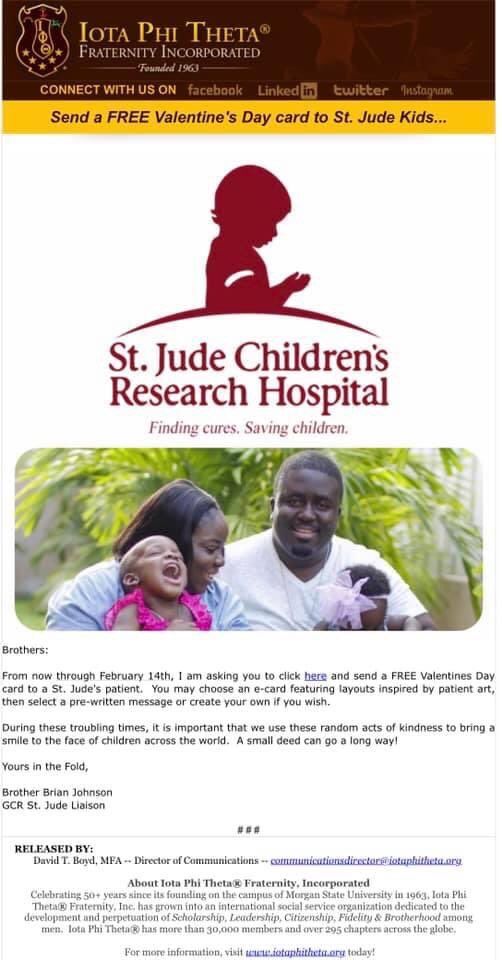 IPT_AM_63's tweet photo. This year as one of our national initiatives The Men of Iota Phi Theta Fraternity Inc., is asking for your help to spread some love for Valentine’s Day. Send a free Valentines Day card to one of the Children of St. Judes Hospitals. Click the link 💛
https://t.co/BAGzATmiCq https://t.co/mfNN8g80tK
