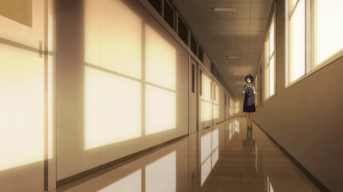 Ai stands in a desolate hallway with her reflection being half shown in order to emphasize how her decision is still unclear. This lack of certainty and confidence is highlighted by the extreme long shot, making her appear minuscule in the frame.