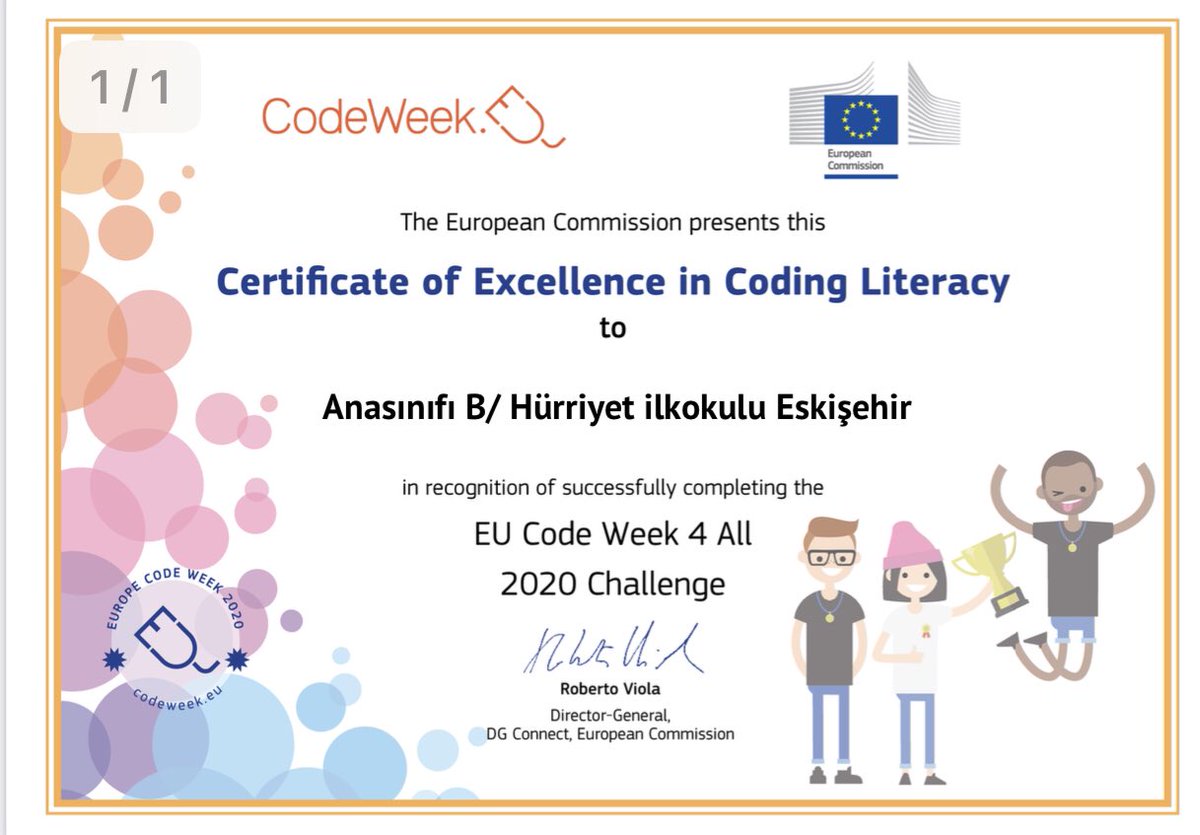 2020 EU Code Week(Avrupa Kod Haftası) kapsamında okulumuz öğretmenleri,öğrencileriyle etkinlikler oluşturarak MÜKEMMELLİK SERTİFİKASI almaya hak kazandılar.Tebrik ediyor,başarılarının devamını diliyoruz
@EskisehirMem @TepebasiMem @hkncrt1 @dfnakmn35 @tretwinning #EUCodeWeek