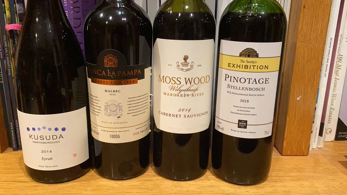 DominicBuckwell's tweet photo. @nickjacksn @TatianaLivesey my wines for tonight’s webinar on powerful international red wines @KanonkopEstate @Moss_Wood #kusuda and @fincalapalma https://t.co/bCkeOhgbn0
