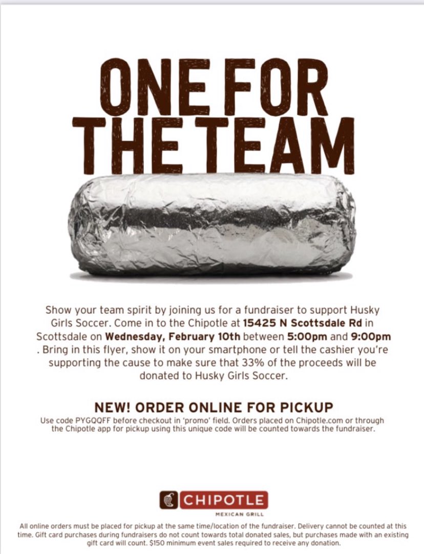 Come out tomorrow between 5-9pm to support your lady husky soccer team. Present this flyer to the cashier when checking out or let the cashier know you are apart of the lady husky soccer team, so the proceeds will go to our team. Thank you for all your support