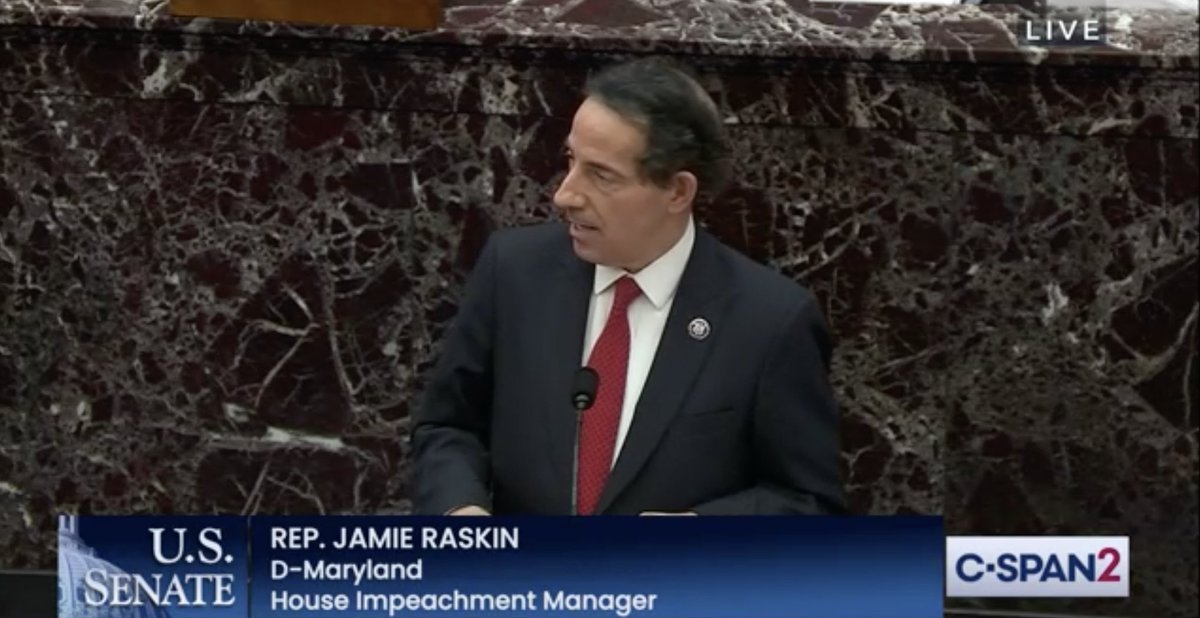 DavidCornDC's tweet photo. .@RepRaskin at #ImpeachmentTrial blasts Trump for saying he can't be put on trial after leaving office. This will create a "January exception" to the Constitution which would let a president use "violent means" to try to "hang on" to power. January 6 could become "our future." https://t.co/V4PkYIM14T