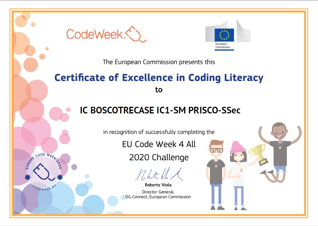 MraSorrentino's tweet image. #CertificatodiEccellenza per #Codeweek2020:lieti di condividere con voi oggi di aver completato con successo anche quest’anno la sfida #CodeWeek4all. Grazie a studenti e docenti partecipanti, genitori per la collaborazione e per l'aiuto a progredire dell’alfabetizzazione digitale