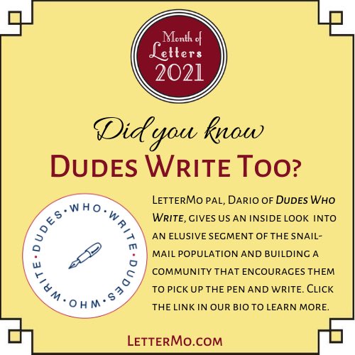 LetterMonth's tweet photo. The stereotypical letter writer is s
female.
However, did you know that Dudes Write too?  Dario of #DudesWhoWrite gives insight to this elusive segment &amp; encourages them to write. 
https://t.co/xPtujGWMmD
#TuesdayDudesday https://t.co/IztNmXoDsa