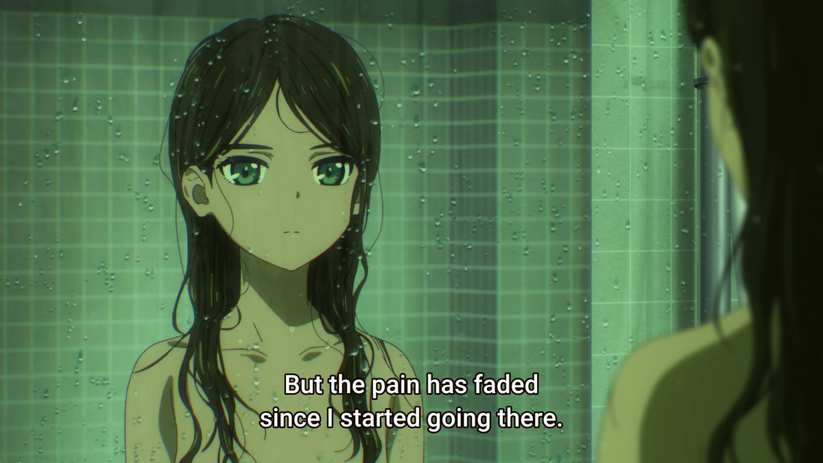 Symbols involving emotional release seem to be something that'll always surround Neiru. Baths are about cleansing, and by emphasizing the water going down the drain, accompanied by these lines, the visuals reinforce how going to the dream world releases her pain.