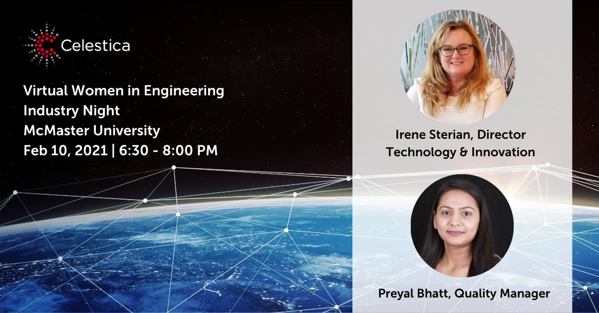 Members of the Celestica team, including engineers <a href="/IreneSterian/">Irene Sterian</a> &amp; Preyal Bhatt, will proudly be virtually attending <a href="/McMasterEng/">McMaster Engineering</a> Women in #Engineering Industry Night on Feb10.  Looking forward to answering your career questions.  bit.ly/2LAUFBd #Celestica #WomenInSTEM
