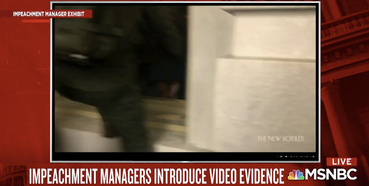 Video continues with gallows being erected, mob fighting police and breaking down the doors of the Capitol with Officer Eugene Goodman diverting them away from Senate chambers. Shows moment Senate is forced in to recess and Speaker Pelosi quickly ushered off the House floor