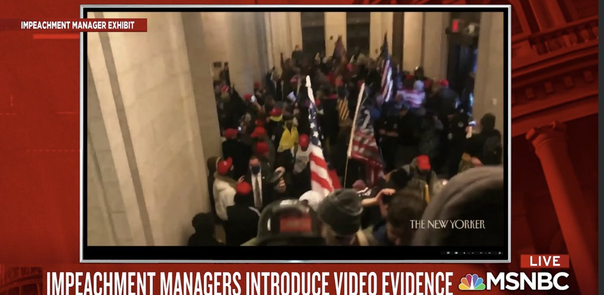 Video continues with gallows being erected, mob fighting police and breaking down the doors of the Capitol with Officer Eugene Goodman diverting them away from Senate chambers. Shows moment Senate is forced in to recess and Speaker Pelosi quickly ushered off the House floor