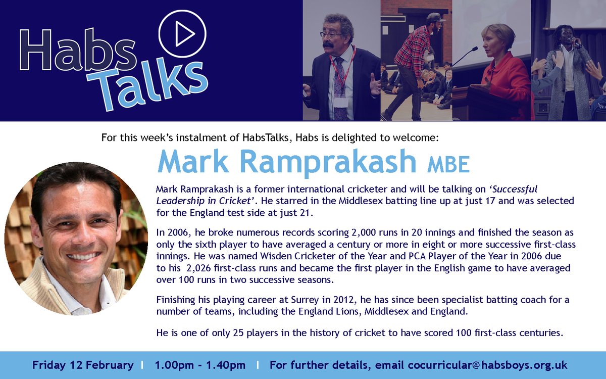 ▶️ HabsTalks continues this week! 

We look forward to welcoming former <a href="/englandcricket/">England Cricket</a> player, prolific run scorer, <a href="/WisdenCricket/">Wisden</a> Cricketer of the Year and PCA Player of the Year <a href="/MarkRamprakash/">Mark Ramprakash</a>. 

Learn more ➡️ bit.ly/39PNDk4

#WeAreHabs #HabsTalks #CoCurricular