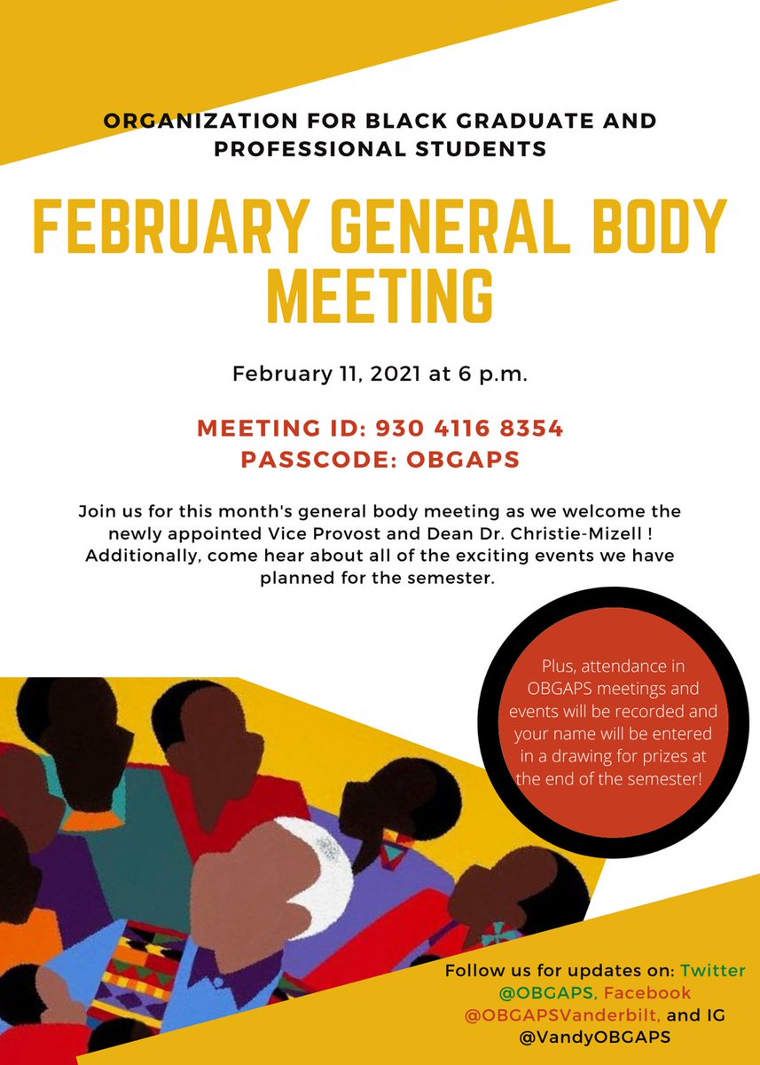 We will hold our first general body meeting this Thursday, February 11th, at 6 pm! Dr. Christie- Mizell, Vice Provost and Dean of the Graduate School, will be our guest speaker! Check your emails for the Zoom link