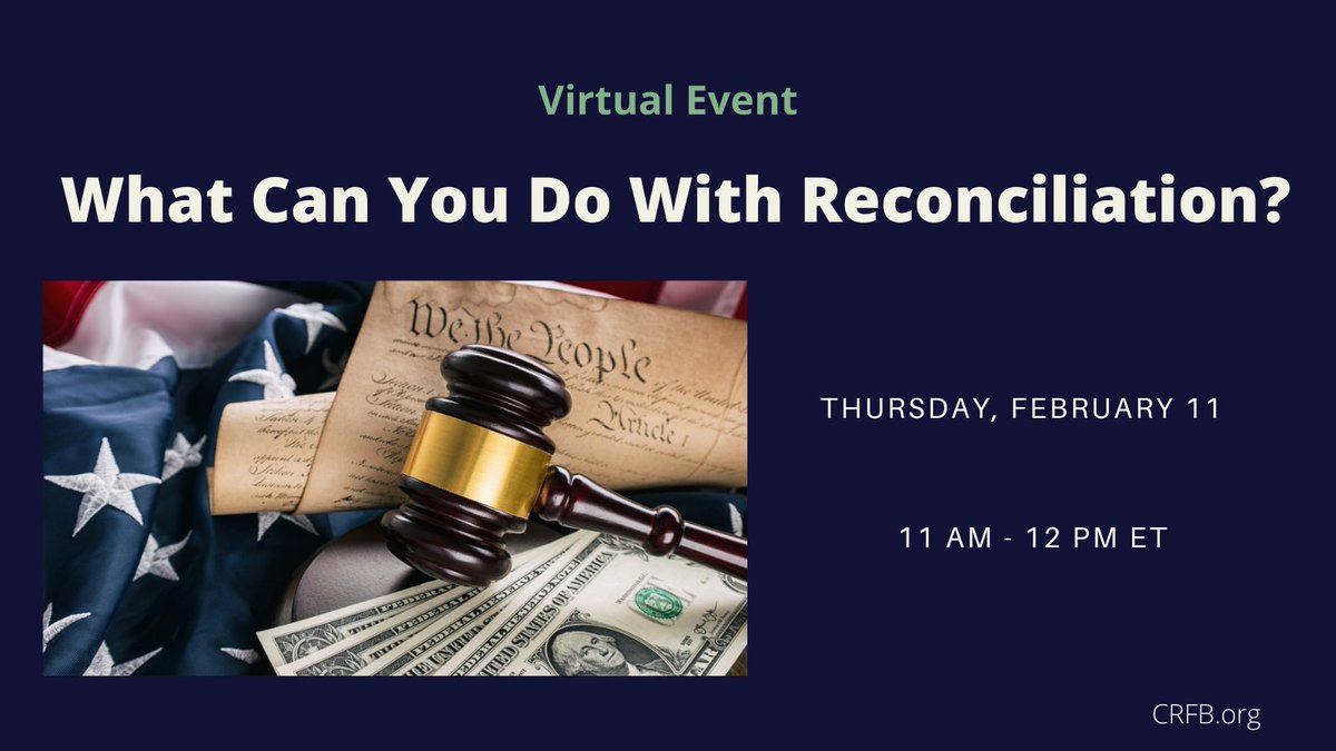 CRFB.org (@budgethawks) on Twitter photo Budget reconciliation is in the spotlight. What can be done through it? What can't? We're hosting an expert virtual panel discussion THIS THURSDAY featuring our <a href="/MarcGoldwein/">Marc Goldwein</a>, <a href="/econwonk/">Zach Moller</a> of <a href="/ThirdWayEcon/">Third Way Economic</a> and @FiatSlugz of <a href="/ConcordC/">The Concord Coalition</a>. Learn more & RSVP today secure.everyaction.com/g9msPrZvKEiRCa…. Budget reconciliation is in the spotlight. What can be done through it? What can't? We're hosting an expert virtual panel discussion THIS THURSDAY featuring our <a href="/MarcGoldwein/">Marc Goldwein</a>, <a href="/econwonk/">Zach Moller</a> of <a href="/ThirdWayEcon/">Third Way Economic</a> and @FiatSlugz of <a href="/ConcordC/">The Concord Coalition</a>. Learn more & RSVP today secure.everyaction.com/g9msPrZvKEiRCa….