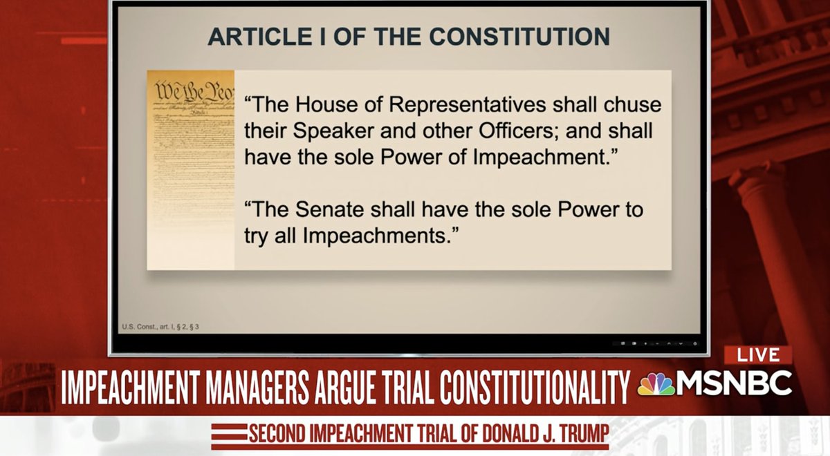 He references history as well as the Constitution itself. The House has the sole power of impeachment. And the Senate has the power to try "all impeachments." All.He also mentions legal scholars across the political spectrum who reject Trump's lawyers' January exception.18/