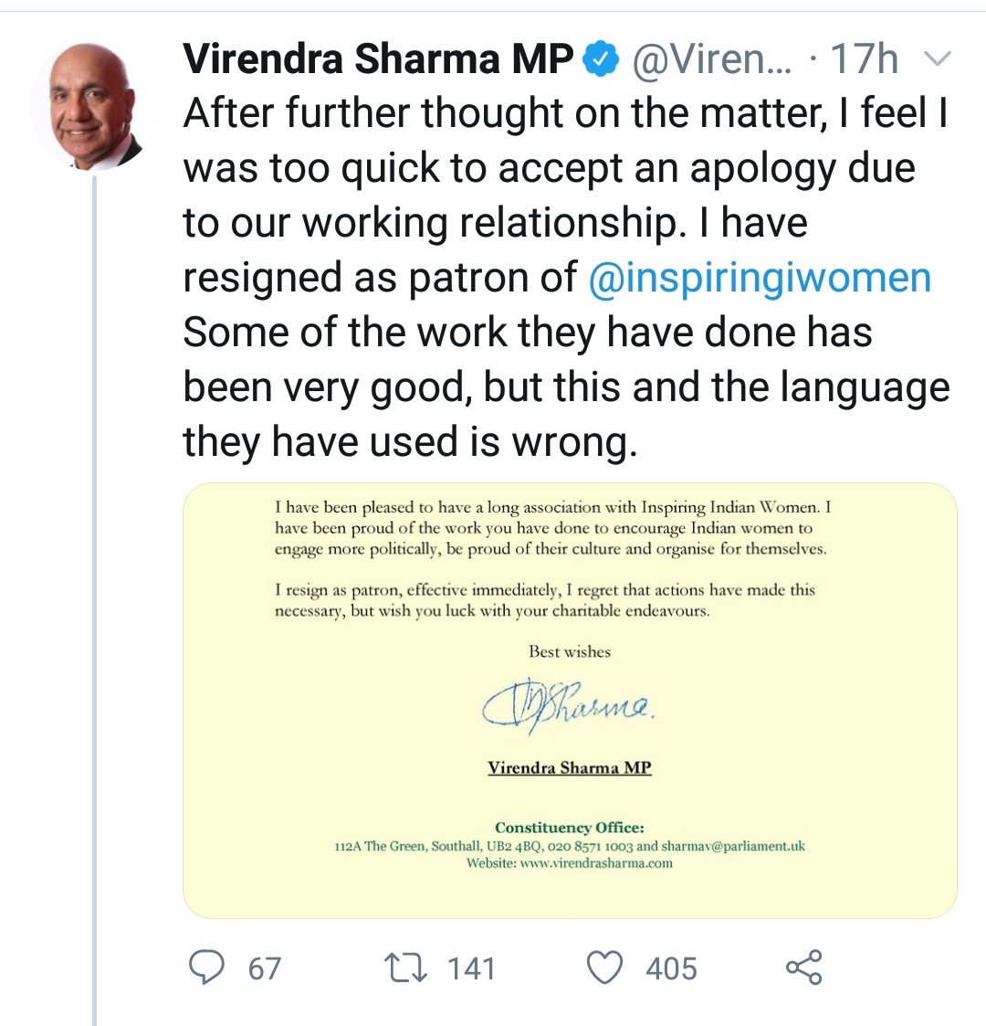 British organisation 'Inspiring Indian Women' posts hate speech against Sikhs, wants 'cleansing' in Punjab, alludes to 1984 Sikh Genocide, UK MP Virendra Sharma resigns as patron after violence inciting tweets of NGO go viral #HindutvaAbroad