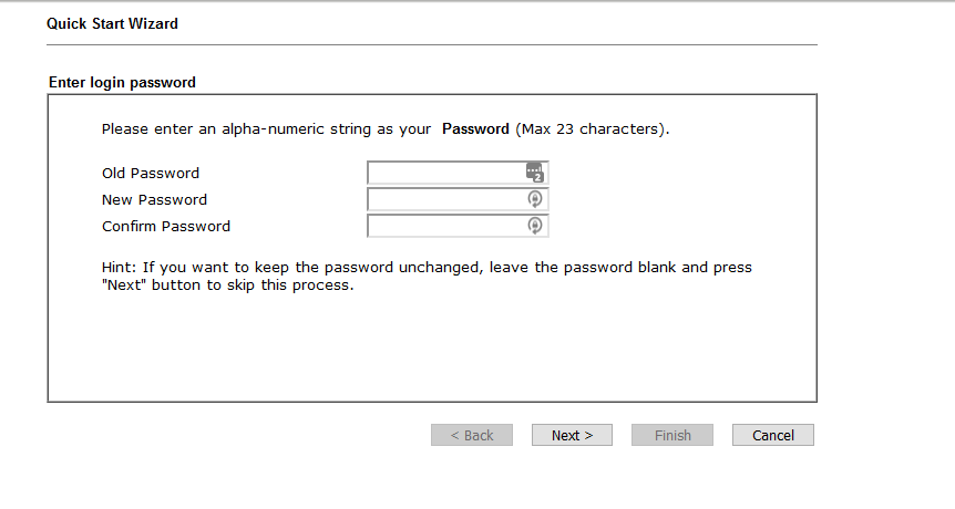 ther quick start wizard has a max password of 23 chars. we'll abort that and go see if we can find the WAN IP