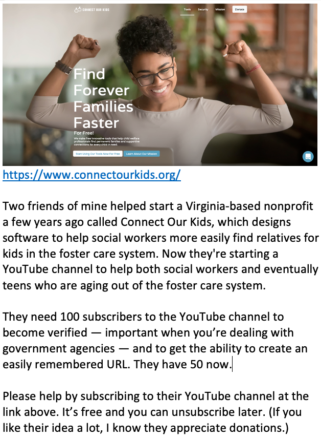 This is a new YouTube channel for the Virginia-based nonprofit Connect Our Kids, youtube.com/channel/UCcl4S…. They're looking to get to the 100-subscriber mark. Learn more about why below. And thank you.