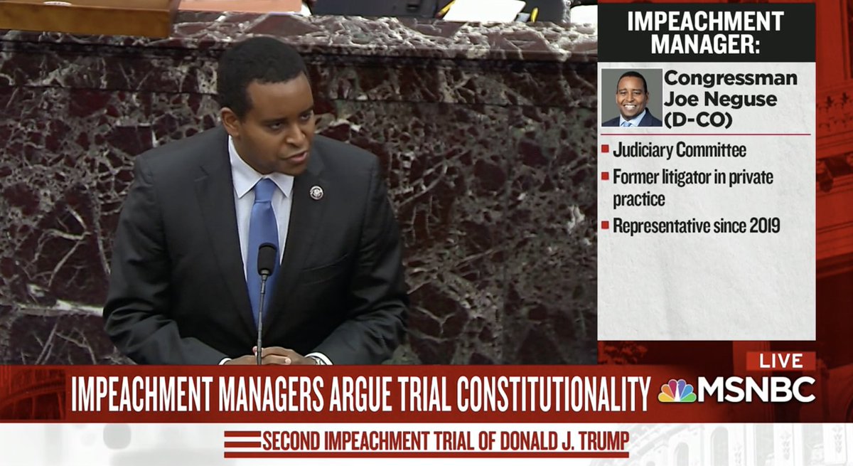 Raskin handed the floor to  @JoeNeguse from Ohio. Before joining Congress he tried many cases, but none so important, he noted. "You don't need to be a constitutional scholar to know the argument that Trump advances is wrong and it's dangerous."23/