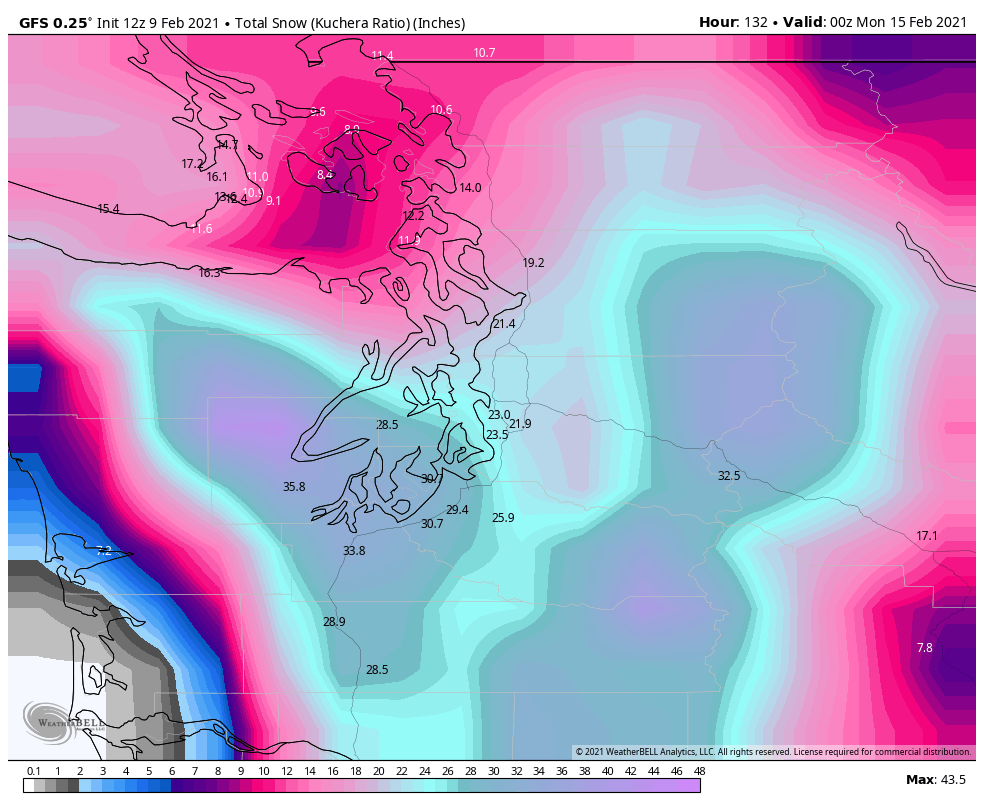 2/4 As has been noted across the  #wawx universe this morning, the overnight & AM GFS runs (really the last holdout showing less amounts) have come around to the more snowy Euro solution. Here's some total snow maps from latest Euro, GFS, Canadian, & ICON models ending Sunday PM.