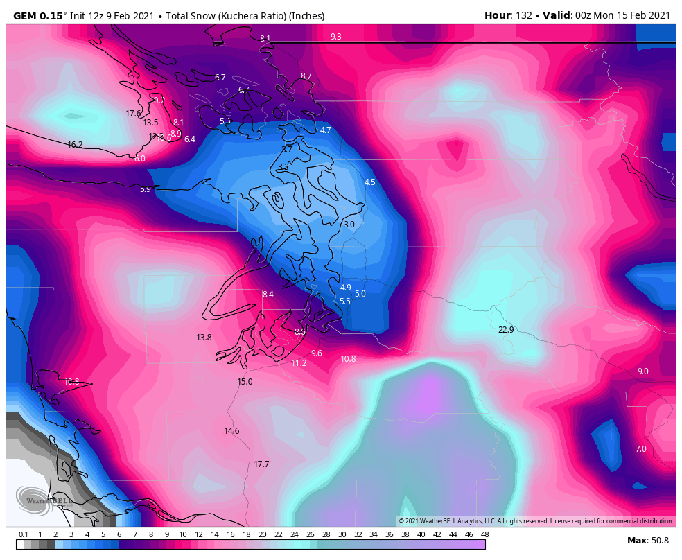 2/4 As has been noted across the  #wawx universe this morning, the overnight & AM GFS runs (really the last holdout showing less amounts) have come around to the more snowy Euro solution. Here's some total snow maps from latest Euro, GFS, Canadian, & ICON models ending Sunday PM.