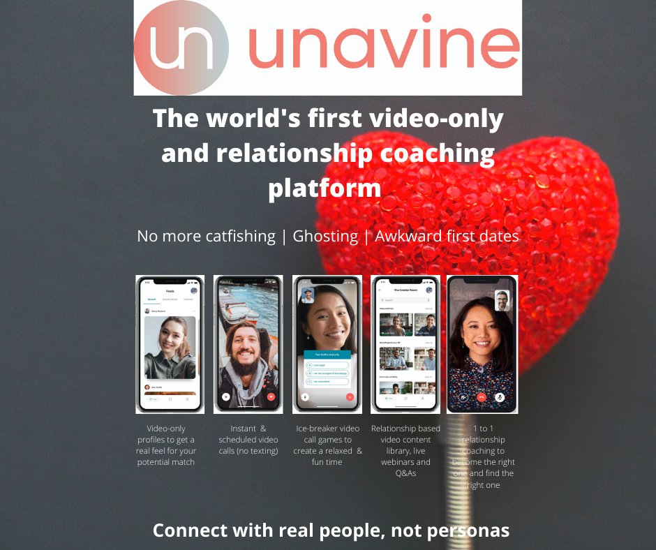 With days away from the launch of Unavine.  Sign up before Feb 14 to receive a LIFE TIME FREE MEMBERSHIP to the world's first video-only matchmaking and relationship coaching platform for singles at ow.ly/FhcU50D49g7