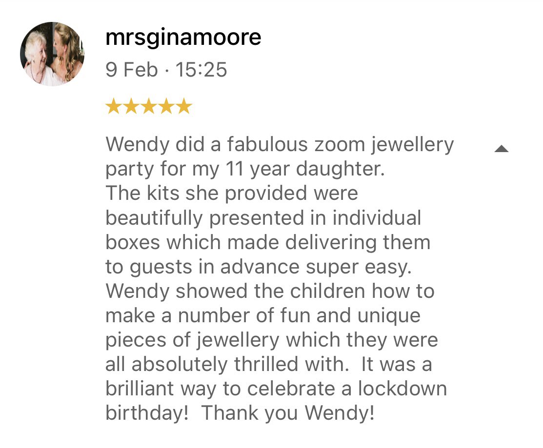 Another lovely Jewellery Making Birthday party on Zoom.The pre-teens had me in stitches, such an imaginative bunch &amp; they made some nice pieces of jewellery!
#wendysjewelleryparties #wendysjewellerykits #zoomparty #birthday2021 #Zoom #jewellerymaking #jewelleryparty #googlereview