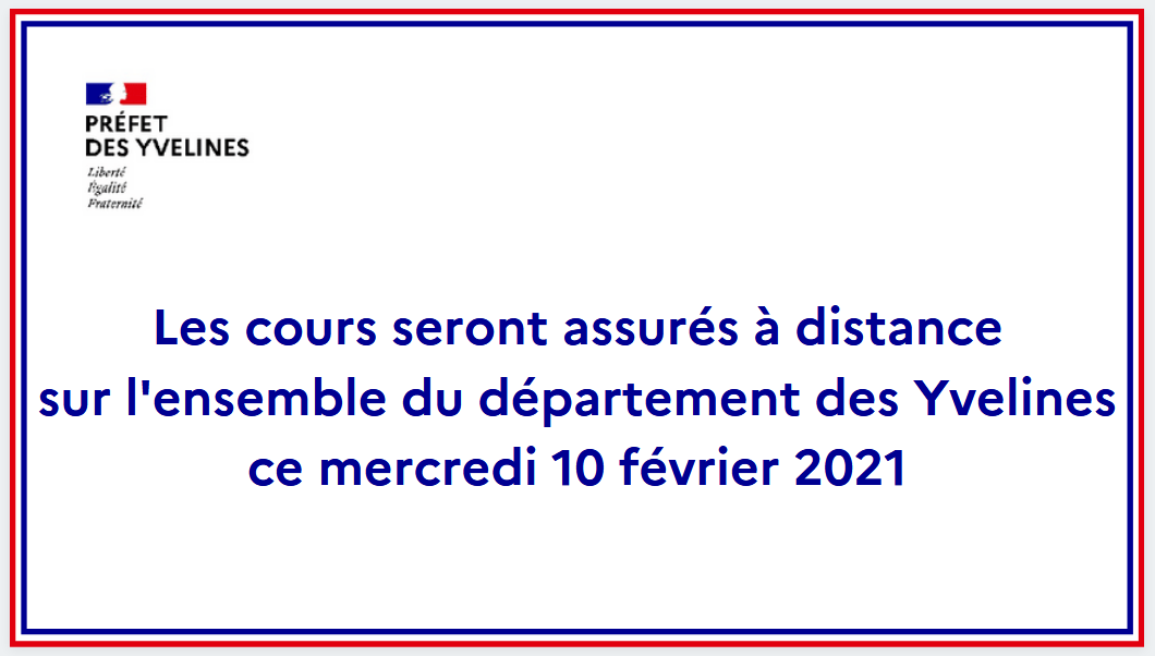 Prefet78's tweet photo. [#AlerteOrange #Neige #Vergals]
ℹ️ Demain, l'ensemble des cours sera assuré à distance dans les #Yvelines.
👉La circulation des transports scolaires sera suspendue ce mercredi 10 février.
👉Accueil minimum assuré pour les élèves.
@acversailles @LucPham6 https://t.co/7wn9oENhde