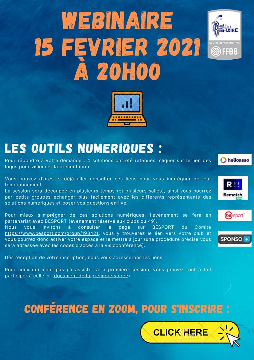 Lundi prochain, 15 février, nous proposons aux groupements sportifs du département, la 2e partie du Webinaire sur les outils numériques.
Renseignements et inscriptions : urlz.fr/eT1v