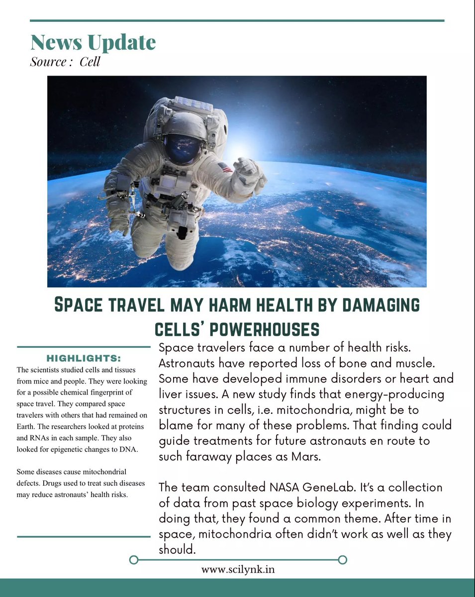 SciLynk's tweet image. Space travel may affect your bones and muscles. Damaged mitochondria seems to be the reason. 

#SciLynk 
#curiously_exploring_science 
#science_for_all 
#science #sciencenews #news #newsupdate #update #nasa #space #physics #biology #cell #cells #mitochondria #power #dna #rna