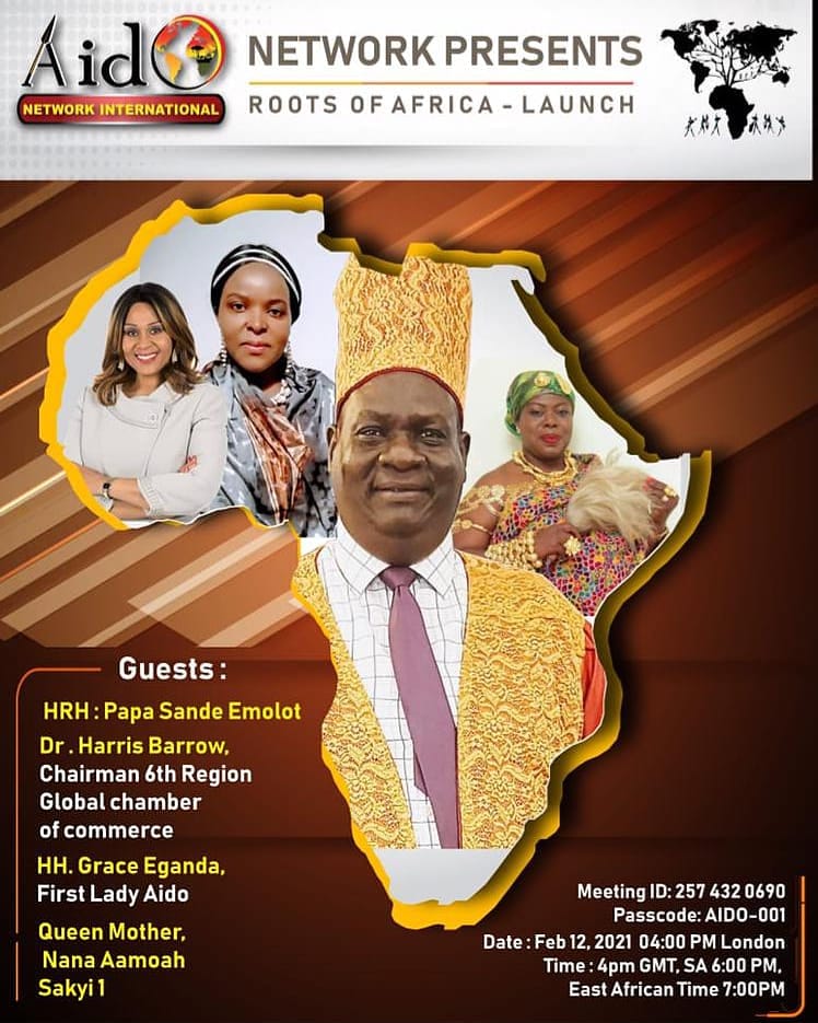 Aido Network International invites you to the Launch of ROOTS OF AFRICA

ZOOM
zoom.us/j/2574320690?p… 

FACEBOOK
facebook.com/107703677781461 

BE PART OF THIS