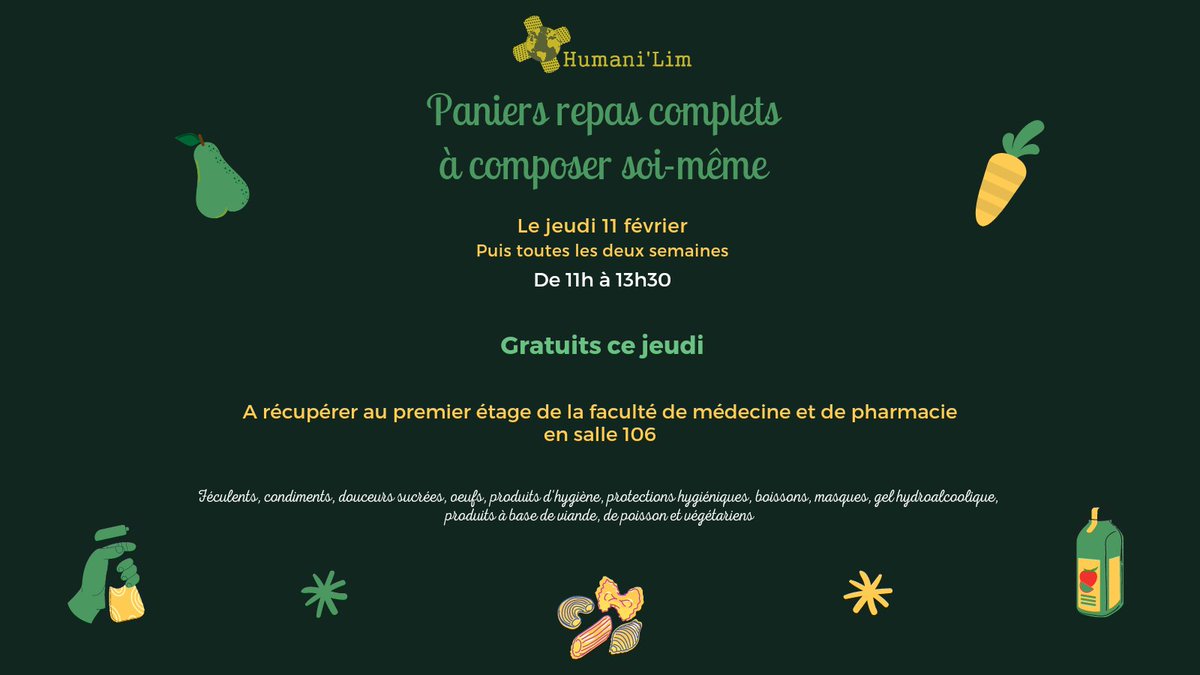 HumaniLim's tweet image. Dans une optique de lutte contre la précarité étudiante, nous lançons un nouveau projet de distribution de paniers repas. 

La première distribution aura lieu jeudi et sera entièrement gratuite.

Pour constituer votre propre panier repas, c'est par ici : forms.gle/xR1NKsqmEVJqCH…