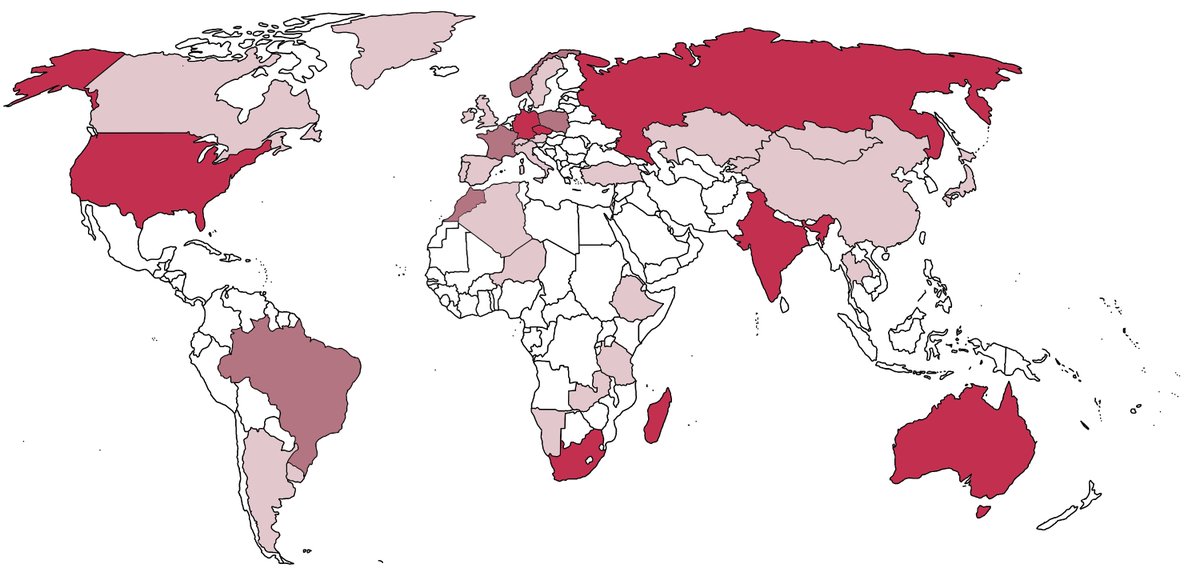 Let's start with where you can find temnos in the wild - they're known from all over (+Antarctica, not shown), but are especially abundant in the U.S., Germany, the Czech Republic, and Russia. Darker shading = more temnos (qualitative, not mapped to some specimen count)