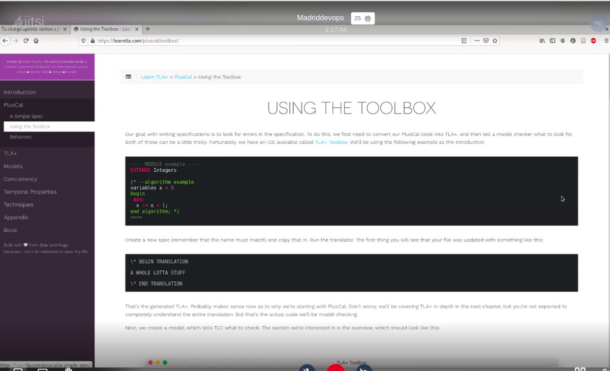 MadridDevops's tweet image. @_jesusmg  finaliza su charla recomendando recursos para empezar a trabajar con TLA+: hillelwayne.com/post/practical… y learntla.com/introduction/ ¡Gracias a todos por asistir! #madrid_devops